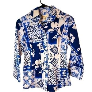 COLDWATER CREEK shape fit 3/4 sleeve blue white Cotton Shirt Top Sz XSP